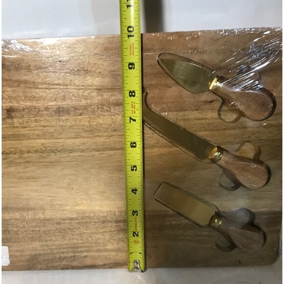 Acacia Wood Cheese Board Charcuterie Board 3 Stainless Steel Knives Gold Tone - Picture 3 of 9